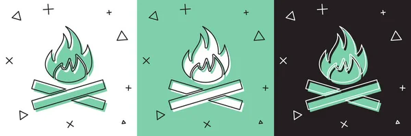 Ustaw ikonę ogniska na białym i zielonym, czarnym tle. Płonące ognisko z drewna. Ilustracja wektora — Wektor stockowy