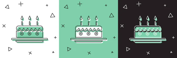 Set Pastel con velas encendidas icono aislado en blanco y verde, fondo negro. Feliz Cumpleaños. Ilustración vectorial — Vector de stock