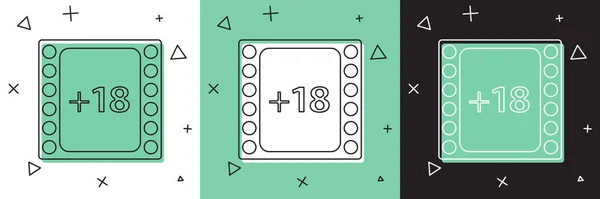 Zestaw Odtwórz Wideo z napisem 18 plus ikona treści izolowane na białym i zielonym, czarnym tle. Symbol ograniczenia wieku. Kanał dla dorosłych. Ilustracja wektora — Wektor stockowy