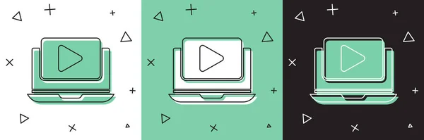 Zestaw Online odtwarzania ikony wideo izolowane na białym i zielonym, czarne tło. Laptop i taśma filmowa ze znakiem "play". Ilustracja wektora — Wektor stockowy