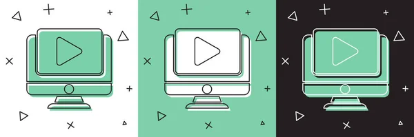 Set Online spela video ikon isolerad på vit och grön, svart bakgrund. Datorskärm och filmremsa med lekskylt. Vektor Illustration — Stock vektor