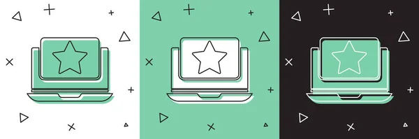 Set ordinateur portable avec icône étoile isolé sur fond blanc et vert, noir. Favori, meilleure note, symbole de récompense. Illustration vectorielle — Image vectorielle