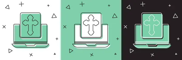 Réglez Cross sur l'icône de l'écran d'ordinateur portable isolé sur fond blanc et vert, noir. Illustration vectorielle — Image vectorielle