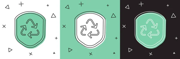 Définir le symbole Recycler à l'intérieur icône du bouclier isolé sur fond blanc et vert, noir. Panneau de protection écologique. Illustration vectorielle — Image vectorielle