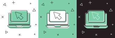 Laptop ve imleç simgesini beyaz ve yeşil, siyah arkaplanda izole et. Boş ekran işaretli bilgisayar defteri. Vektör İllüstrasyonu