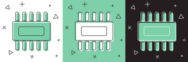 Bilgisayar işlemcisini mikro devre işlemci simgesiyle beyaz ve yeşil, siyah arkaplanda izole et. Devre kartlı çip ya da işlemci. Mikro işlemci. Vektör İllüstrasyonu
