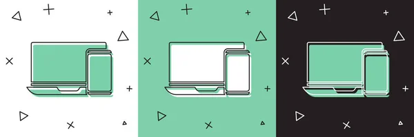 Definir monitor de computador e ícone do telefone celular isolado em branco e verde, fundo preto. Ganhos na Internet, marketing. Ilustração vetorial — Vetor de Stock