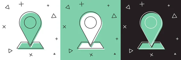 Définir l'icône de la broche Carte isolée sur fond blanc et vert, noir. Navigation, pointeur, emplacement, carte, GPS, direction, lieu, boussole, concept de recherche. Illustration vectorielle — Image vectorielle