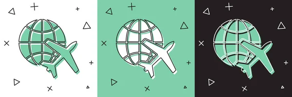 Set Globe con icono de avión volador aislado sobre fondo blanco y verde, negro. El avión vuela alrededor del planeta tierra. Icono del mundo de los aviones. Ilustración vectorial — Archivo Imágenes Vectoriales