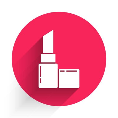 Uzun gölgeli beyaz ruj simgesi. 8 Mart. Uluslararası Mutlu Kadınlar Günü. Kırmızı daire düğmesi. Vektör İllüstrasyonu