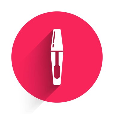 Beyaz Mascara fırça ikonu uzun gölgeli izole edilmiş. Kırmızı daire düğmesi. Vektör İllüstrasyonu