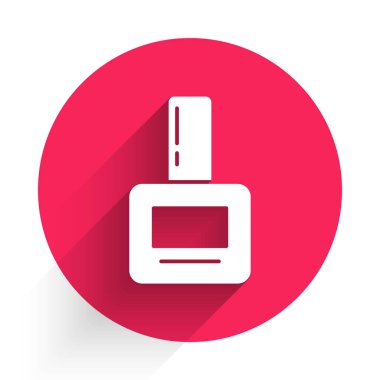 Uzun gölgeli beyaz tırnak cilası ikonu. Kırmızı daire düğmesi. Vektör İllüstrasyonu