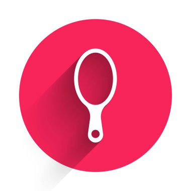 Beyaz El ayna ikonu uzun gölgeli izole edilmiş. Kırmızı daire düğmesi. Vektör İllüstrasyonu