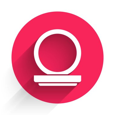 Aynalı beyaz makyaj tozu uzun gölgeli izole edilmiş. Kırmızı daire düğmesi. Vektör İllüstrasyonu