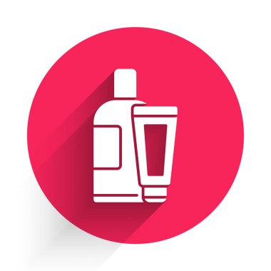 Beyaz Krem veya losyon kozmetik tüp ikonu uzun gölgeli izole edilmiş. Erkekler için vücut bakım ürünleri. Kırmızı daire düğmesi. Vektör İllüstrasyonu