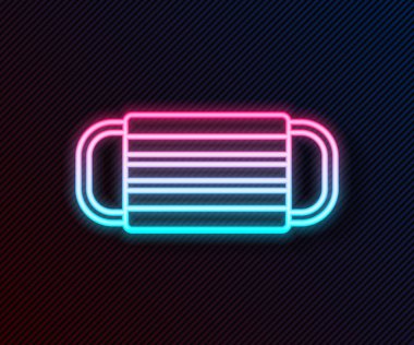 Parlayan neon hattı tıbbi koruyucu maske simgesi siyah arkaplanda izole edildi. Vektör İllüstrasyonu