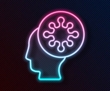 Parlayan neon hattı insan ve virüs ikonu siyah arkaplanda izole edildi. Corona virüsü 2019-nCoV. Bakteri ve mikroplar, hücre kanseri, mikrop, mantar. Vektör İllüstrasyonu