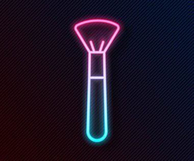 Parlayan neon çizgisi makyaj fırçası simgesi siyah arkaplanda izole edildi. Vektör İllüstrasyonu