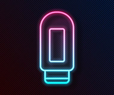 Parlayan neon çizgisi kremi ya da losyon kozmetik tüp ikonu siyah arkaplanda izole edilmiş. Erkekler için vücut bakım ürünleri. Vektör İllüstrasyonu