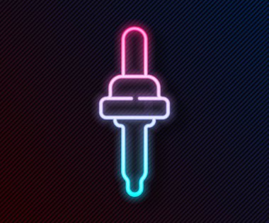 Parlayan neon hattı Pipette simgesi siyah arkaplanda izole edildi. Tıbbi, kozmetik, kimya laboratuvarı ekipmanları. Vektör İllüstrasyonu