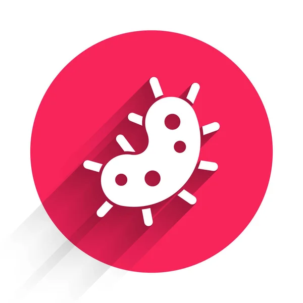 White Virus icon isolated with long shadow. Corona virus 2019-nCoV. Bacteria and germs, cell cancer, microbe, fungi. Red circle button. Vector Illustration — Stock Vector