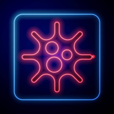Parlayan neon virüs simgesi mavi arkaplanda izole edildi. Corona virüsü 2019-nCoV. Bakteri ve mikroplar, hücre kanseri, mikrop, mantar. Vektör İllüstrasyonu
