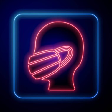 Mavi arka planda izole edilmiş tıbbi koruyucu maske ikonunda parlayan neon adam yüzü. Karantinaya alın. Vektör İllüstrasyonu