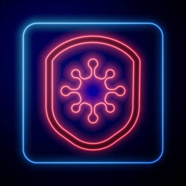 Parlayan neon kalkanı, mavi arka planda virüslerden, mikroplardan ve bakteri ikonlarından korunuyor. Bağışıklık sistemi konsepti. Corona virüsü 2019-nCoV. Vektör İllüstrasyonu