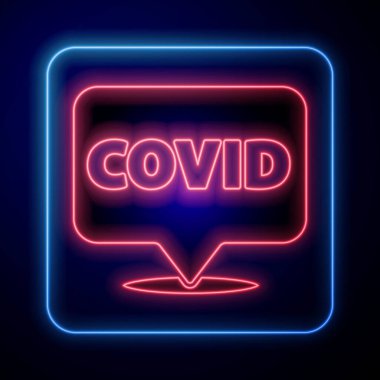 Mavi arka planda parlayan neon renkli Corona virüsü covid-19 ikonu izole edildi. Bakteri ve mikroplar, hücre kanseri, mikrop, mantar. Vektör İllüstrasyonu