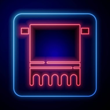 Mavi arka planda izole edilmiş bir askı simgesinde parlayan neon havlular. Banyo havlusu ikonu. Vektör İllüstrasyonu