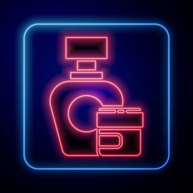 Parlayan neon kremi ya da losyon kozmetik tüp ikonu mavi arka planda izole edilmiş. Erkekler için vücut bakım ürünleri. Vektör İllüstrasyonu