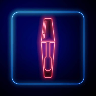 Parlayan neon Mascara fırça ikonu mavi arkaplanda izole edildi. Vektör İllüstrasyonu