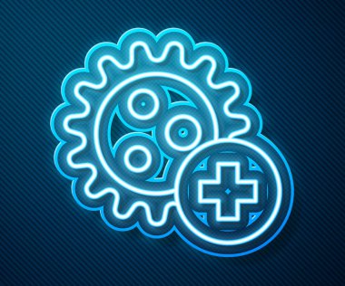 Parlayan neon hattı pozitif virüs ikonu mavi arkaplanda izole edildi. Corona virüsü 2019-nCoV. Bakteri ve mikroplar, hücre kanseri, mikrop, mantar. Vektör İllüstrasyonu