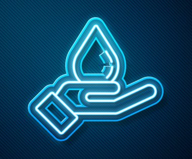 Parlak neon hattı mavi arka planda izole edilmiş sabun ikonu ile ellerini yıkıyor. Virüs ve bakterileri önlemek için ellerini sabunla yıkıyorsun. Vektör İllüstrasyonu