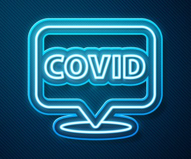 Parlayan neon hattı Corona virüsü covid-19 mavi arkaplanda izole edilmiş konum ikonu üzerinde. Bakteri ve mikroplar, hücre kanseri, mikrop, mantar. Vektör İllüstrasyonu