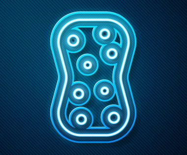 Parlayan neon çizgisi Sünger, mavi arkaplanda izole edilmiş baloncuk simgesi. Bulaşık yıkamak için bir tutam Bast. Temizlik servisi logosu. Vektör İllüstrasyonu