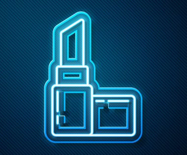Parlayan neon çizgisi ruj simgesi mavi arkaplanda izole edildi. 8 Mart. Uluslararası Mutlu Kadınlar Günü. Vektör İllüstrasyonu