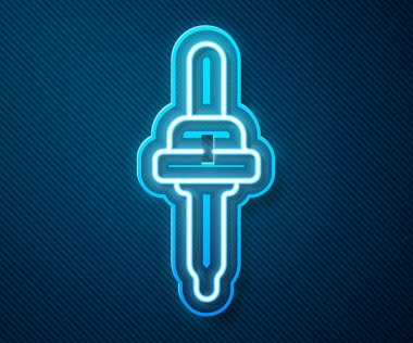 Parlayan neon hattı Pipette simgesi mavi arkaplanda izole edildi. Tıbbi, kozmetik, kimya laboratuvarı ekipmanları. Vektör İllüstrasyonu