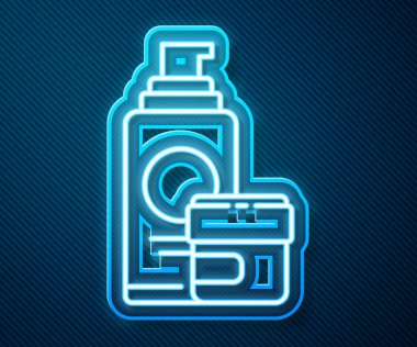 Parlayan neon hattı kremi ya da losyon kozmetik tüp ikonu mavi arkaplanda izole edilmiş. Erkekler için vücut bakım ürünleri. Vektör İllüstrasyonu