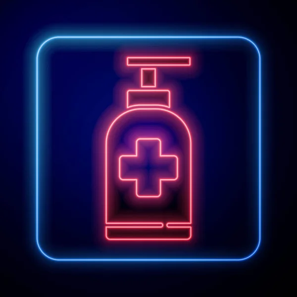 Świecący neon Butelka płynnego mydła antybakteryjnego z ikoną dozownika izolowane na niebieskim tle. Antyseptyczne. Dezynfekcja, higiena, pielęgnacja skóry. Ilustracja wektora — Wektor stockowy