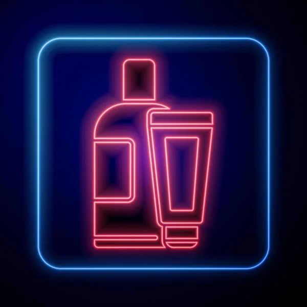 Glödande neon Cream eller lotion kosmetiska röret ikon isolerad på blå bakgrund. Kroppsvårdsprodukter för män. Vektor Illustration — Stock vektor
