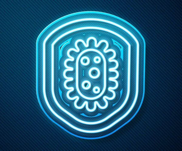 Glowing neon line Shield protecting from virus, germs and bacteria icon isolated on blue background. Immune system concept. Corona virus 2019-nCoV. Vector Illustration — Stock Vector