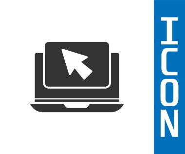 Gri dizüstü bilgisayar ve imleç simgesi beyaz arkaplanda izole edildi. Boş ekran işaretli bilgisayar defteri. Vektör İllüstrasyonu