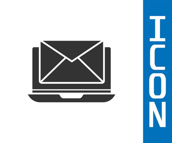 Grey Laptop met envelop en open e-mail op scherm pictogram geïsoleerd op een witte achtergrond. E-mail marketing, internet reclameconcepten. Vectorillustratie — Stockvector