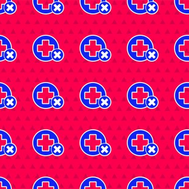 Mavi Haç Hastanesi tıbbi ikonu kırmızı arka planda izole edilmiş pürüzsüz desen. İlk yardım. Teşhis sembolü. İlaç ve eczane işareti. Vektör İllüstrasyonu