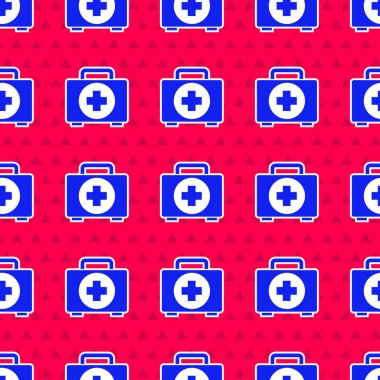 Mavi ilk yardım çantası simgesi kırmızı arkaplanda izole edilmiş pürüzsüz desen. Haçlı sağlık kutusu. Acil durumlar için tıbbi ekipman. Sağlık sigortası konsepti. Vektör İllüstrasyonu