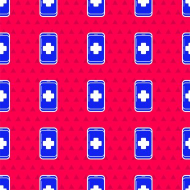 Mavi Acil Servis 'in hastane ikonuna yaptığı telefon görüşmesi kırmızı arka planda izole edilmiş. Vektör İllüstrasyonu