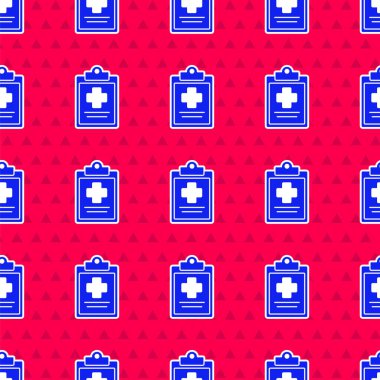 Klinik kayıt simgesine sahip mavi tıbbi pano kırmızı arka planda izole edilmiş kusursuz desen. Sağlık sigortası formu. Reçete, tıbbi kontrol işaretleri raporu. Vektör İllüstrasyonu