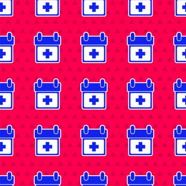 Mavi Doktor atama simgesi kırmızı arkaplanda izole edilmiş kusursuz desen. Takvim, planlama kurulu, ajanda, danışman doktor. Vektör İllüstrasyonu