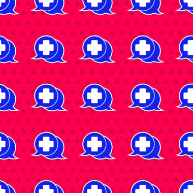 Doktor simgesi ile Mavi Diyalog kırmızı zeminde izole edilmiş kusursuz desen. Doktor ve hasta diyaloğu. Sağlık hizmetleri hakkında danışmanlık. Vektör İllüstrasyonu